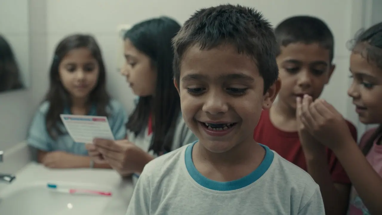 Dítě se snaží usmívat, ale má tmavé zuby, zatímco spolužáci se na něj dívají s odtálením ve školním dvoře.