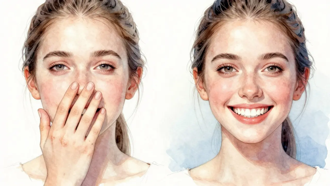 Dvě tváře jedné osoby: jedna se skrývá, druhá se usmívá s dokonalým úsměvem.