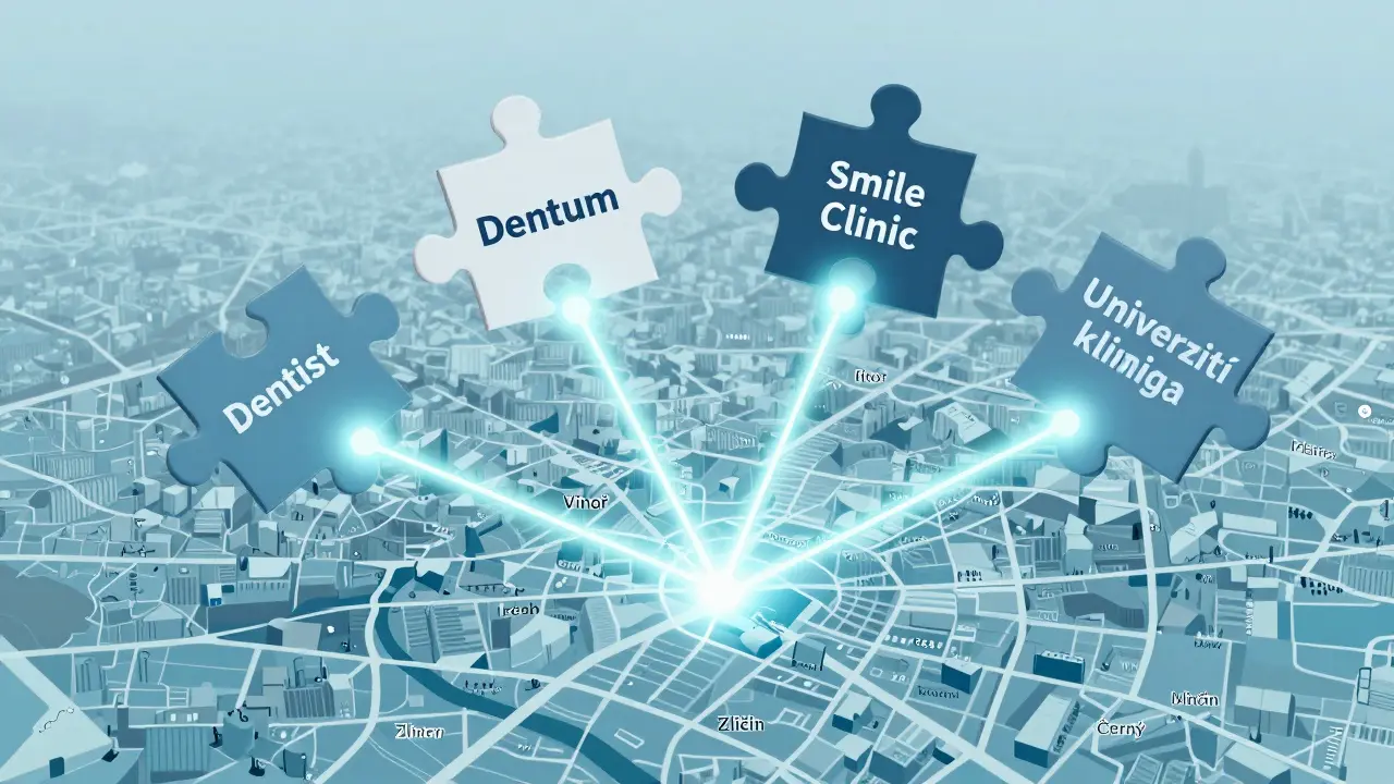 Koncepční mapa Prahy s propojenými zubními klinikami, které přijímají nové pacienty, v oblastech jako Vinoř a Zličín.