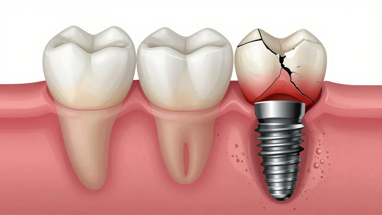 Medical illustration comparing healthy and damaged dental implant with inflamed gums and bone loss.