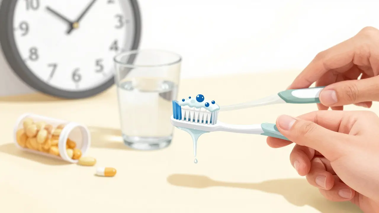 Měkký kartáček čistí zuby, fluorid a slina je chrání, v pozadí voda a škodlivé nápoje.