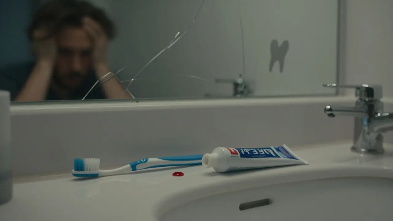 Nepoužitý zubní kartáček a krev na umyvadle, s stíny chybějících zubů v zrcadle.