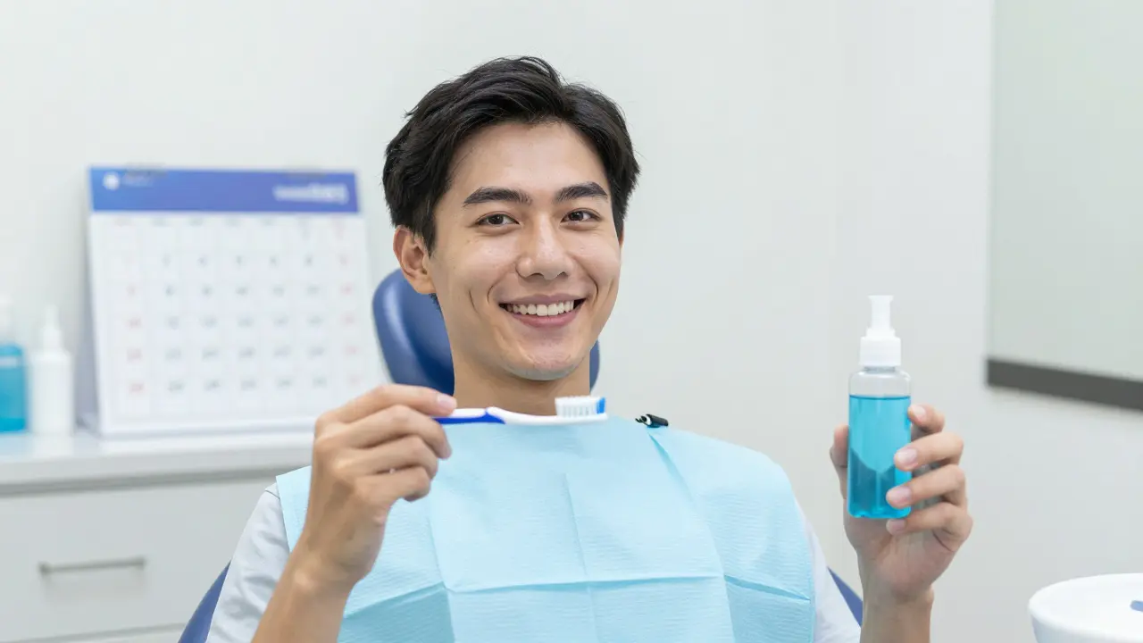 Pacient po kyretáži s jemným kartáčkem a ústní vodou, symbolizující péči o zuby po léčbě.