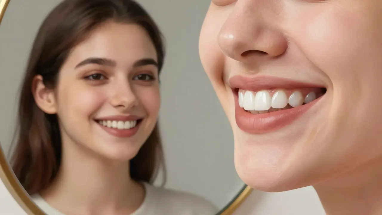 Patient smiling with natural-looking ceramic veneers beside untreated teeth.
