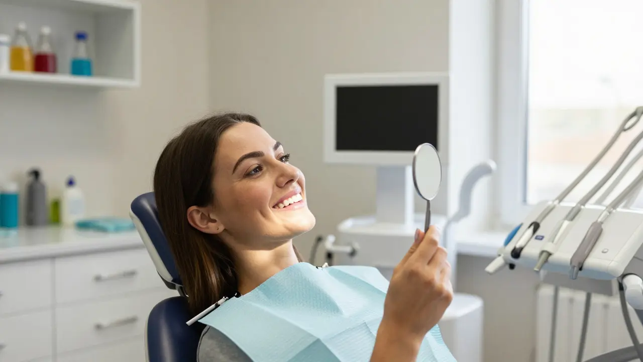 Patient viewing newly filled tooth in a modern dental clinic
