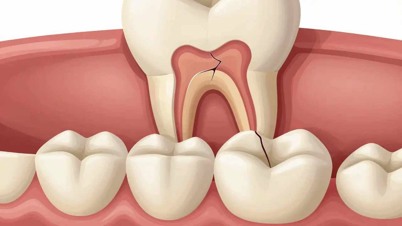 Příčný řez zubem s prasklinou a korunkou, která chrání poškozenou strukturu.