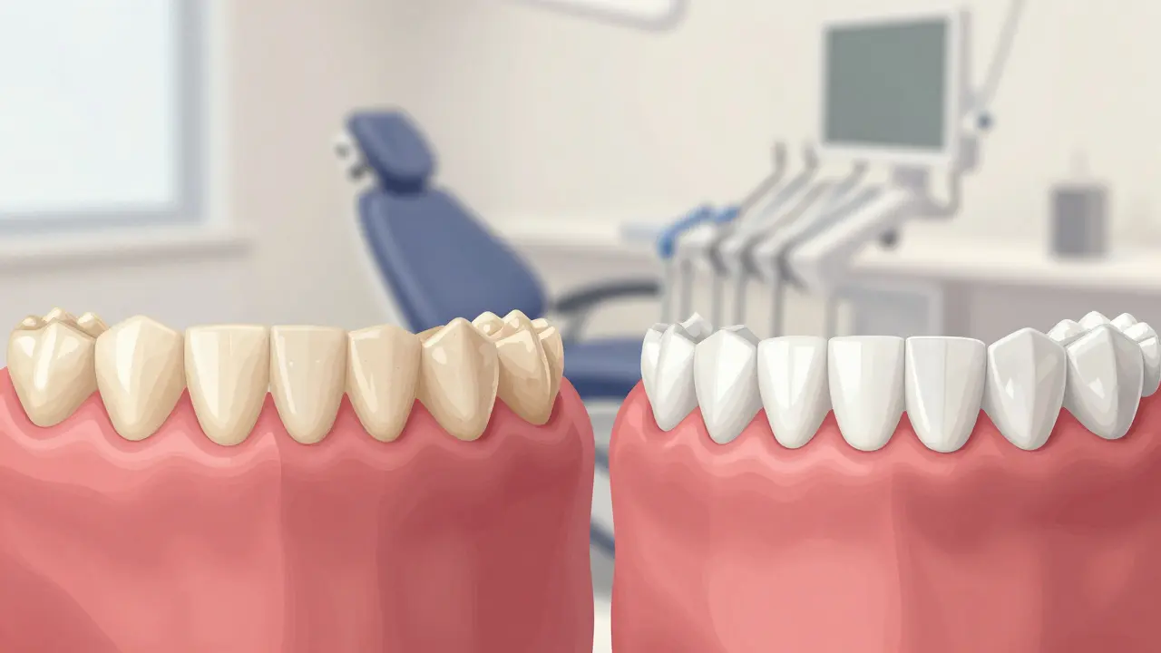 Side-by-side comparison of natural teeth and composite veneers