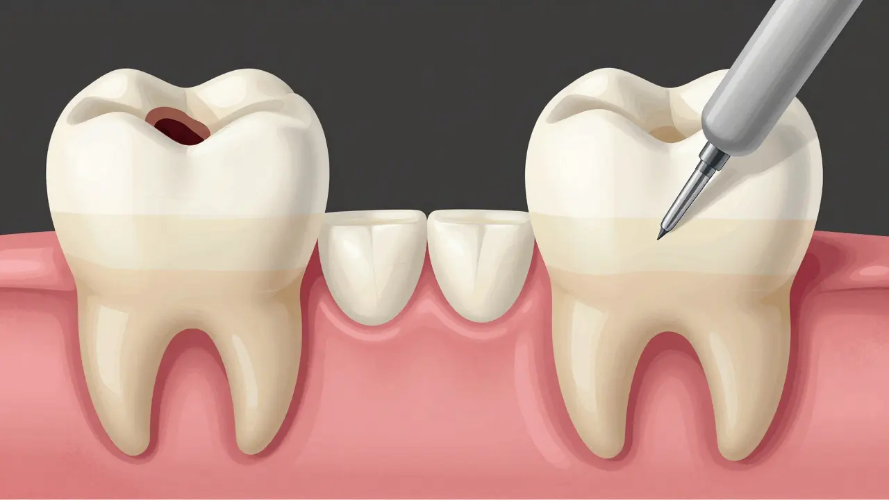 Step-by-step visual of tooth decay repair with composite material