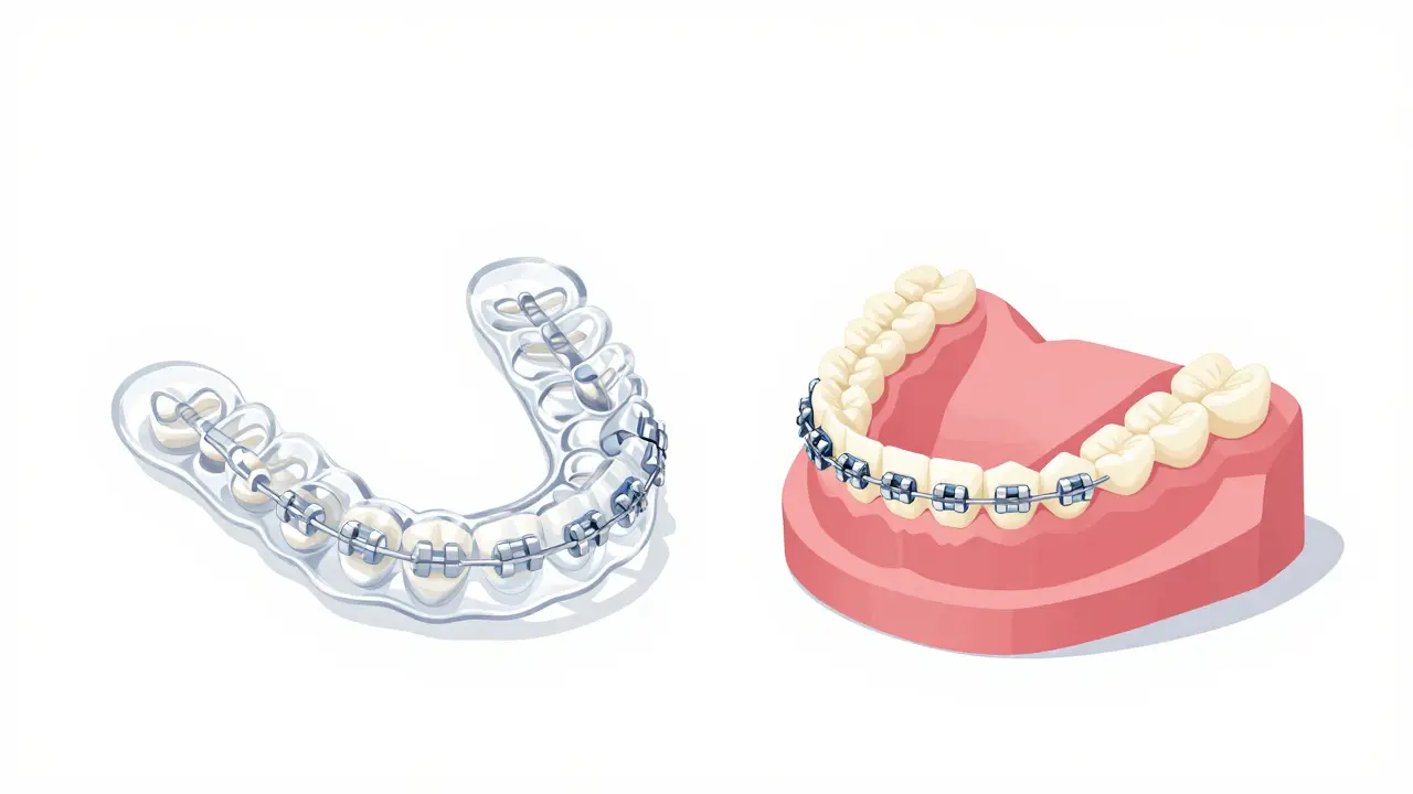 Struktura průhledných a keramických rovnátek vedle sebe na bílém pozadí.