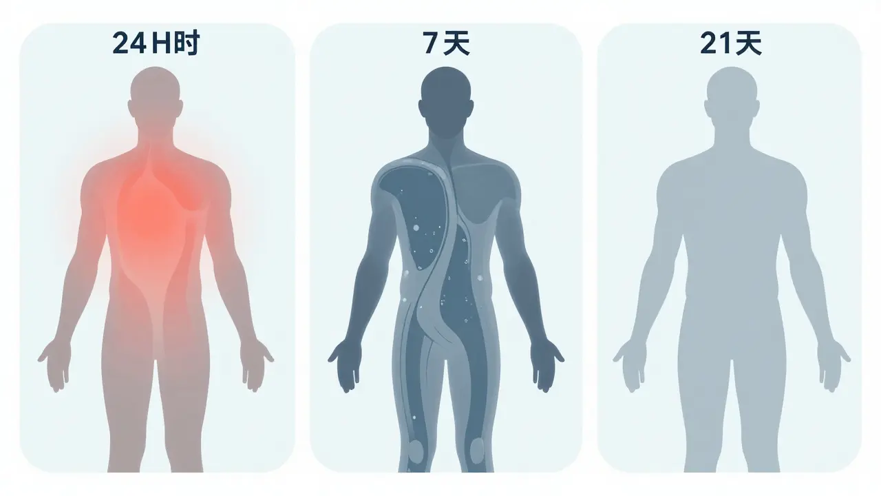 Tři fáze postoperativního otoku: 24 hodin, 7 dní a 21 dní, znázorněné jako přechod od intenzivního k minimálnímu otoku.