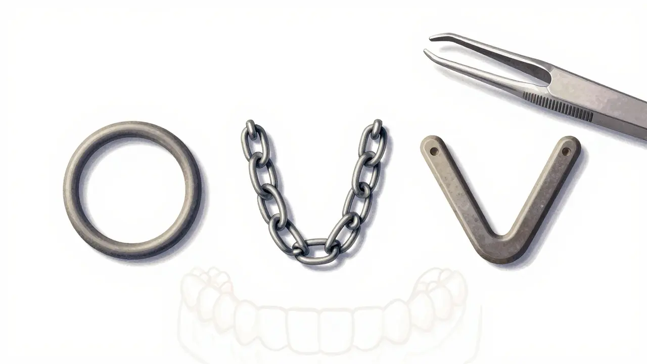 Tři typy ortodontických gumiček na bílém pozadí s nástroji.