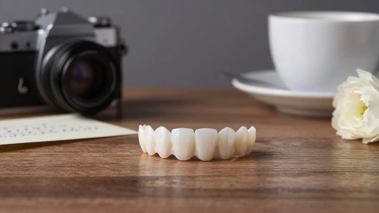 Tři zubní fazety leží na dřevěné ploše s předměty symbolizujícími sebevědomí a výraz.