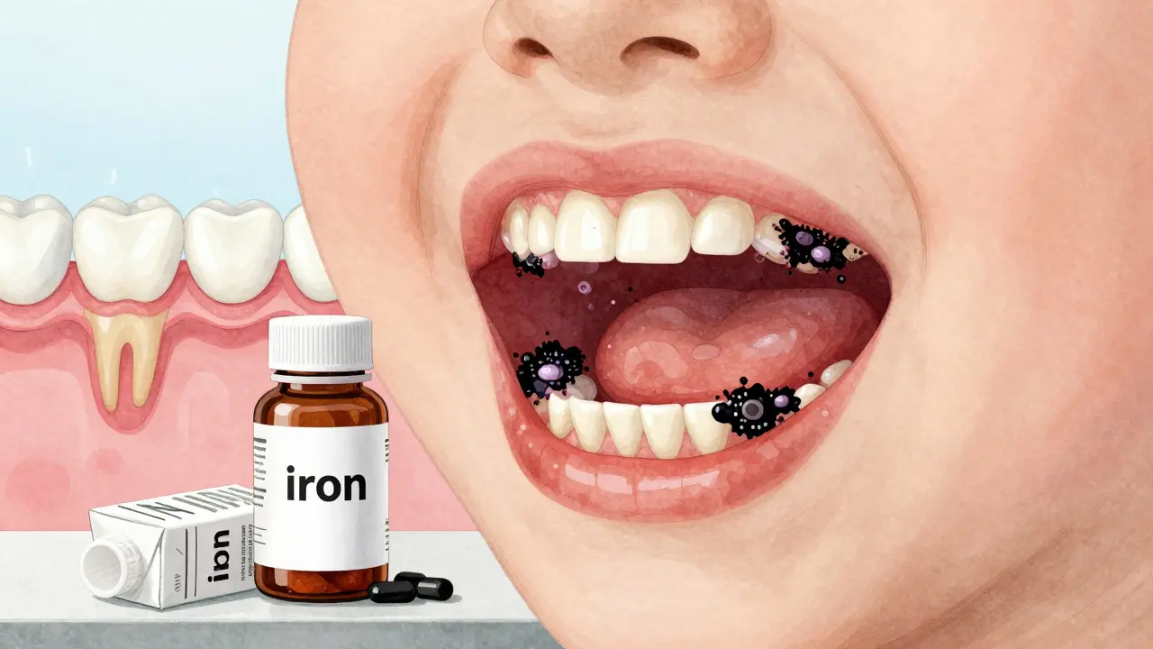 Vnitřní pohled na dětský ústní útvar s černým zubním kamenem vznikajícím z železa a bakterií, vedle něj džus a železné doplňky.