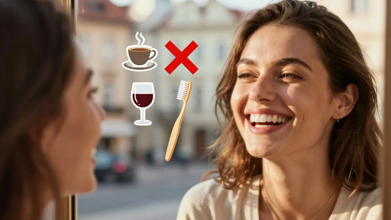 Woman laughing with composite veneers, icons of care and habits around her