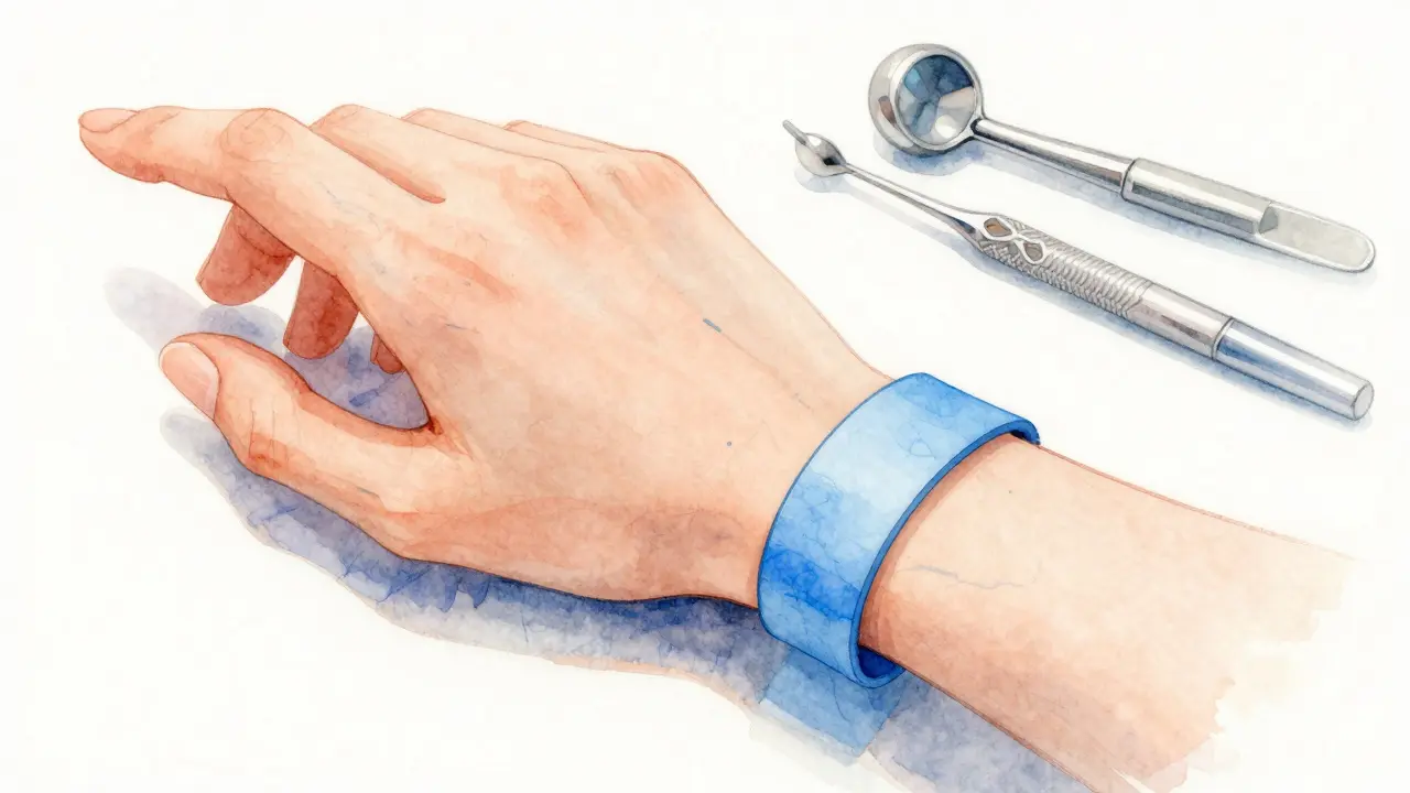 Zápěstí s žilkami a modrými gumičkami pro rovnátka