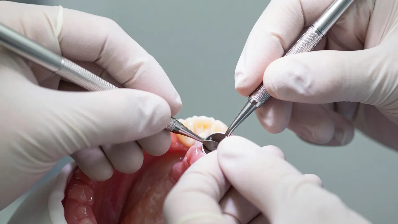 Zubní lékař čistí implantát profesionálním nástrojem