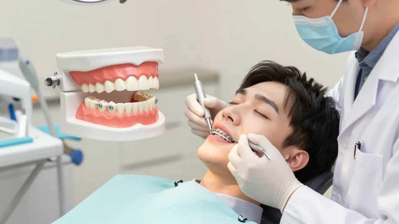 Zubní lékař instaluje keramická rovnátka pacientovi v klinice s 3D modelem úsměvu.