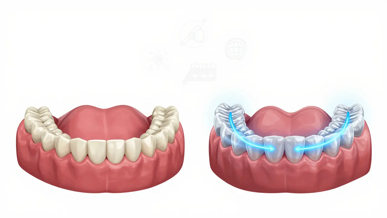 3D simulace přemístění zubů od podkusu k správnému zarovnání pomocí průhledných rovnátek.