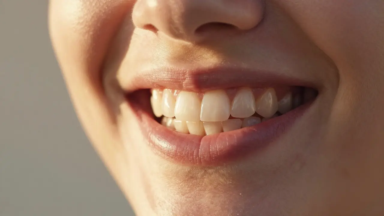 A radiant smile showcasing naturally enlarged teeth with seamless ceramic veneers in soft sunlight.