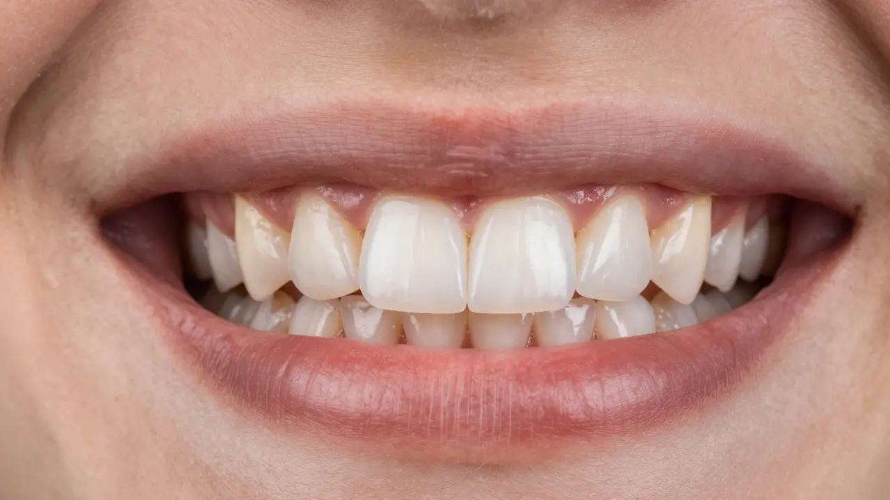 Before-and-after comparison of natural teeth versus veneered teeth with improved shape and color.