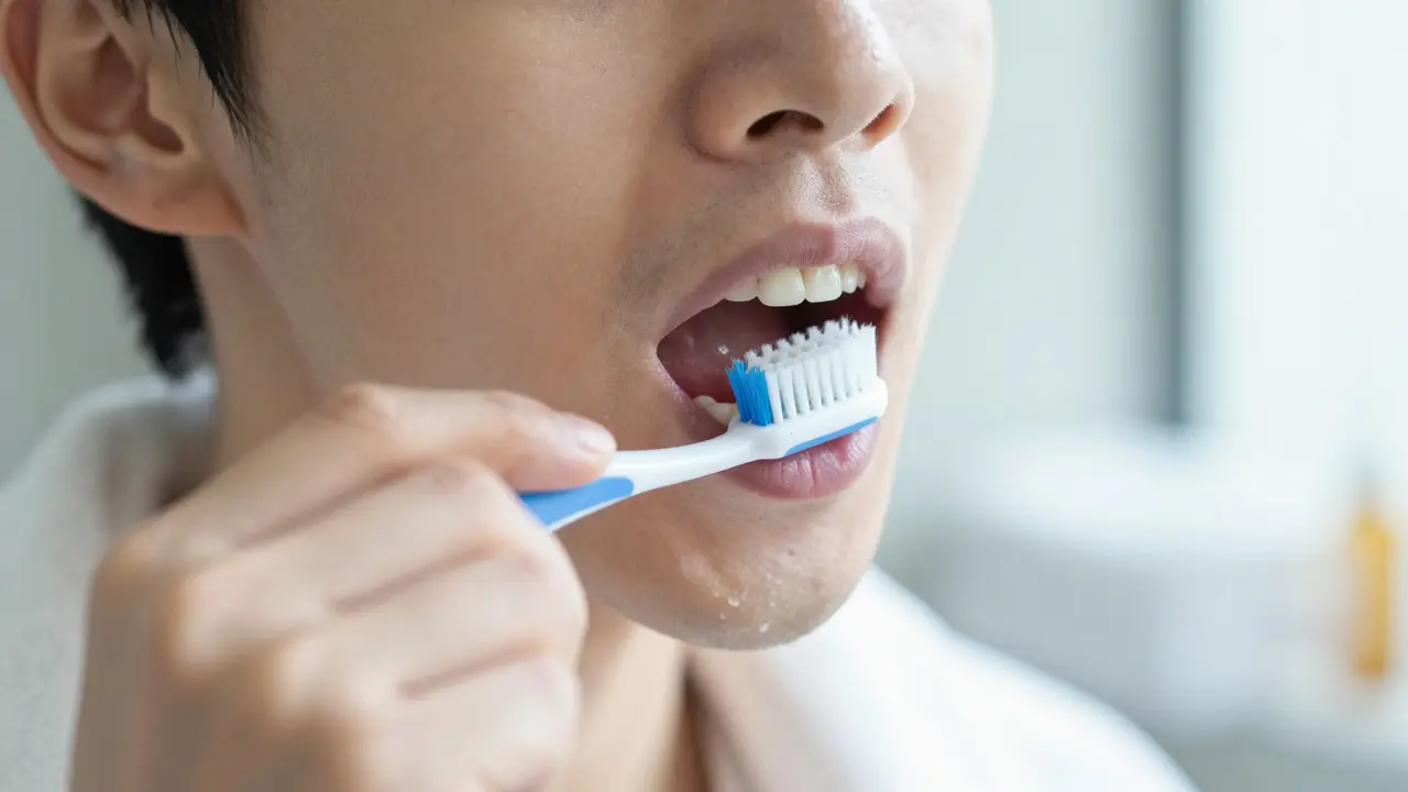 Blízký záběr správné techniky čištění zadních zubů v koupelně.