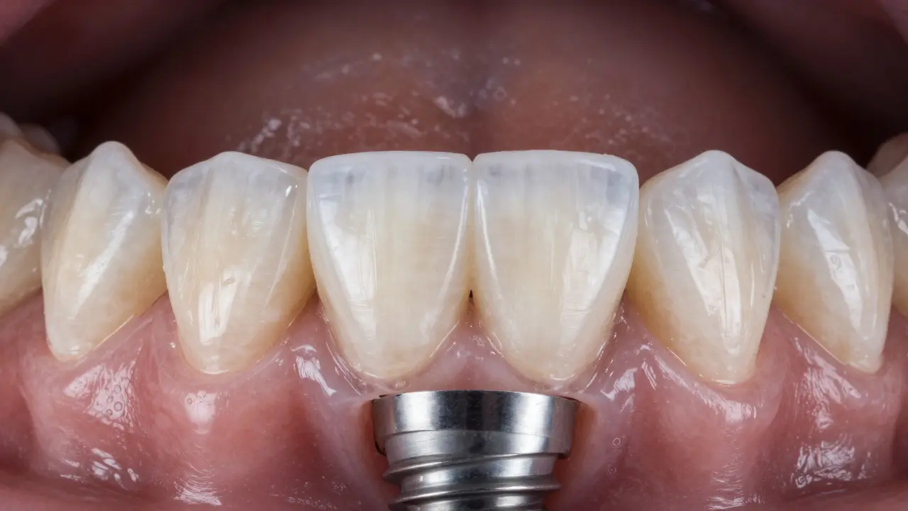 Ceramic dental crown securely attached to implant, blending naturally with surrounding teeth.