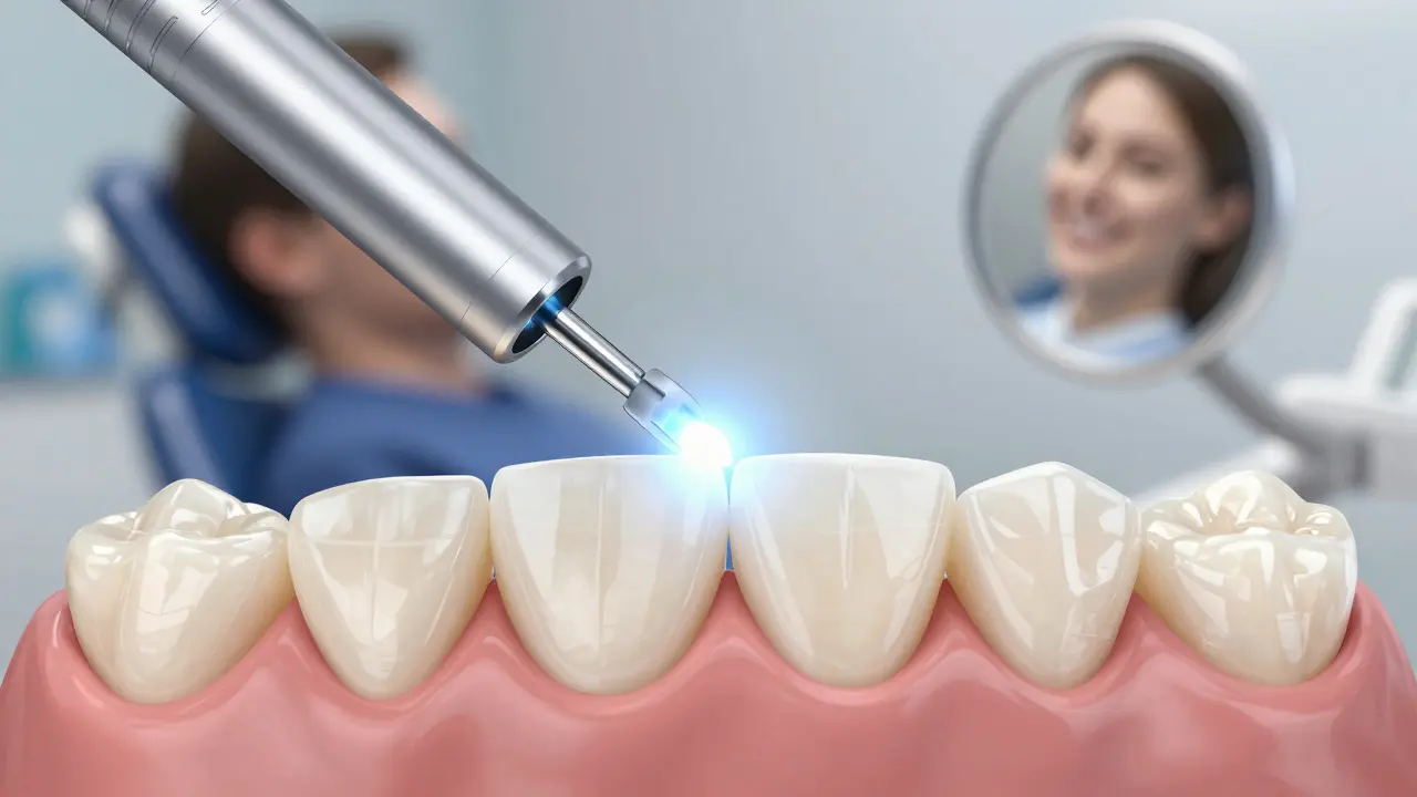 Ceramic dental veneers being bonded to front teeth with a curing light glowing softly.