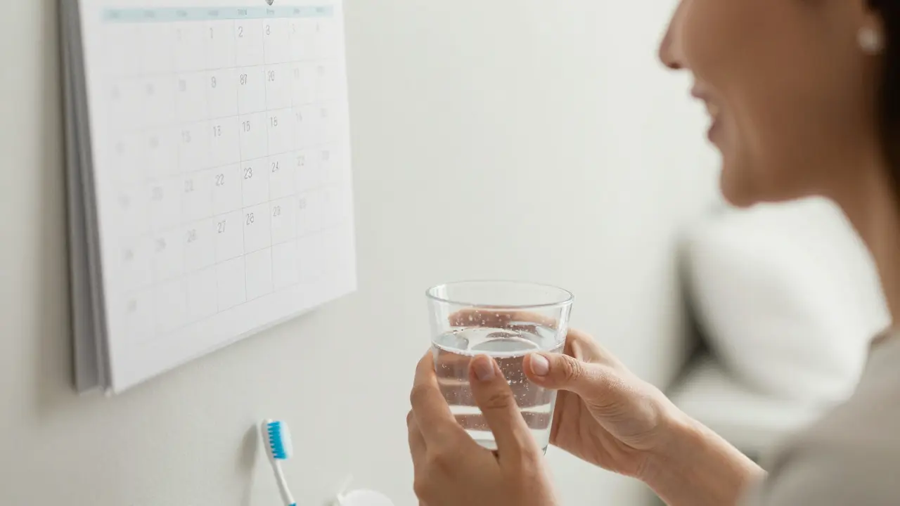 Člověk se usmívá do zrcadla po zubní léčbě, drží solný výplach a na pozadí je kalendář s návštěvami hygieničky.