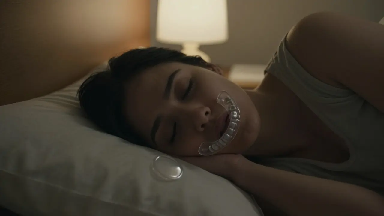 Člověk spící s nočním zubním krytem, jemné osvětlení