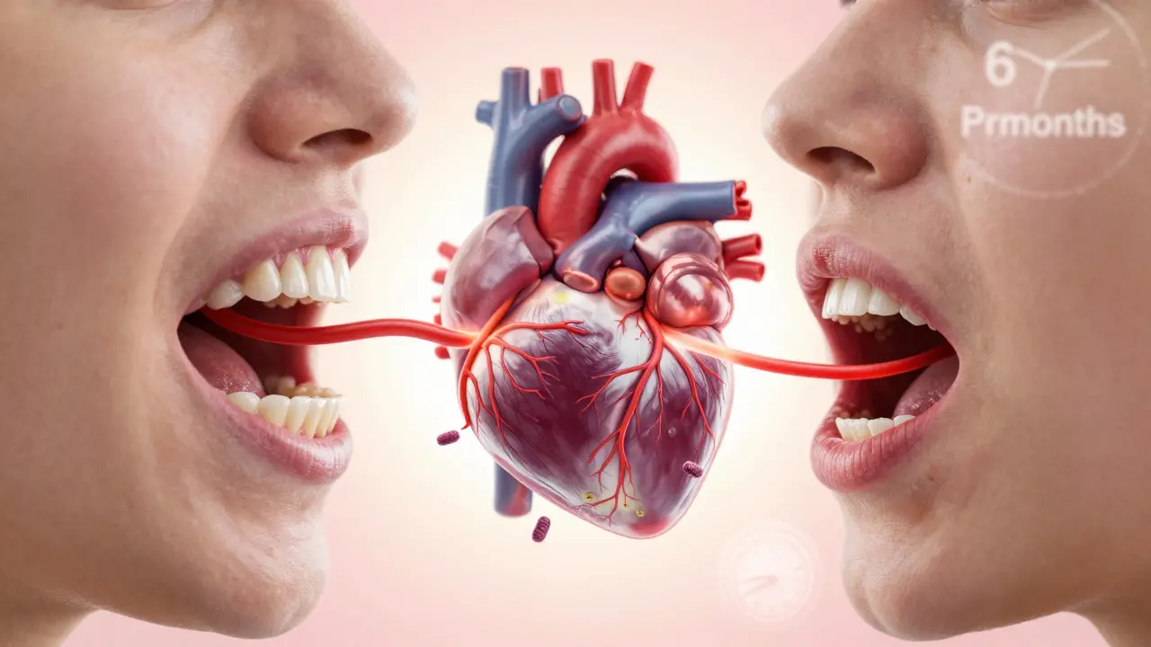 Connection between oral bacteria and heart health, showing microbes traveling from teeth to heart.