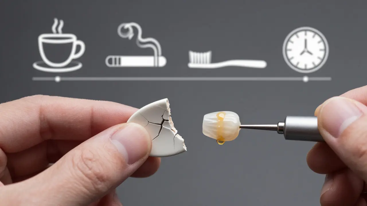 Cracked ceramic veneer next to a repaired composite veneer with fresh resin being applied under dental light.