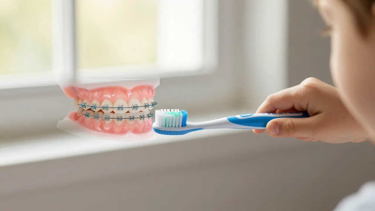 Dítě čistí zuby Curaproxem CS 64 Junior s přechodným zobrazením odstranění plaku kolem rovnátek.