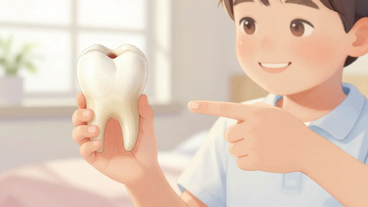 Dítě ve věku 7 let s volným mléčným zubem a novým trvalým mládencem vyrůstajícím za ním.