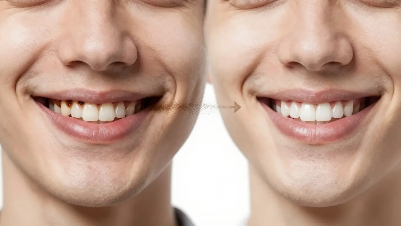 Dvě části úsměvu: před a po pískování zubů, s viditelným rozdílem v čistotě a lesku.