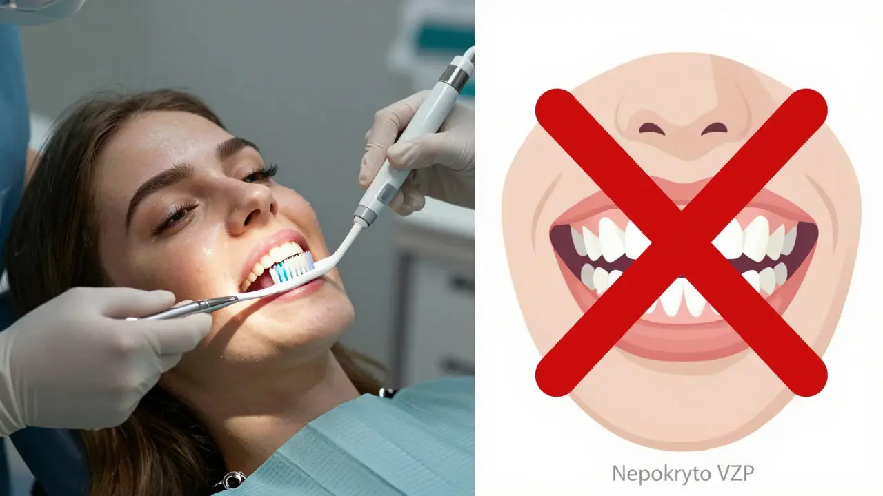 Dvě strany: jedna ukazuje základní hygienu pod VZP, druhá laserové bělení se znakem 'Nepokryto'.