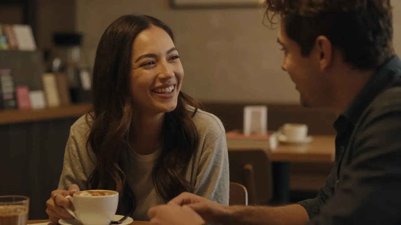 Dvojice na rande v kavárně, žena se směje s otevřenými ústy, muž ji pozoruje s láskou.