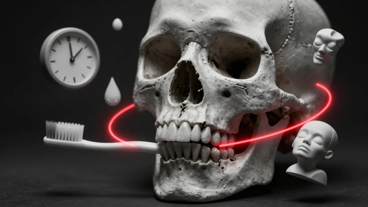 Kostěná lebka s poškozenými zuby a symboly ničivých návyků.