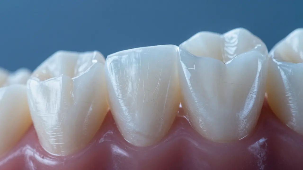 Makro záběr opotřebovaného zubního skloviny od broušení