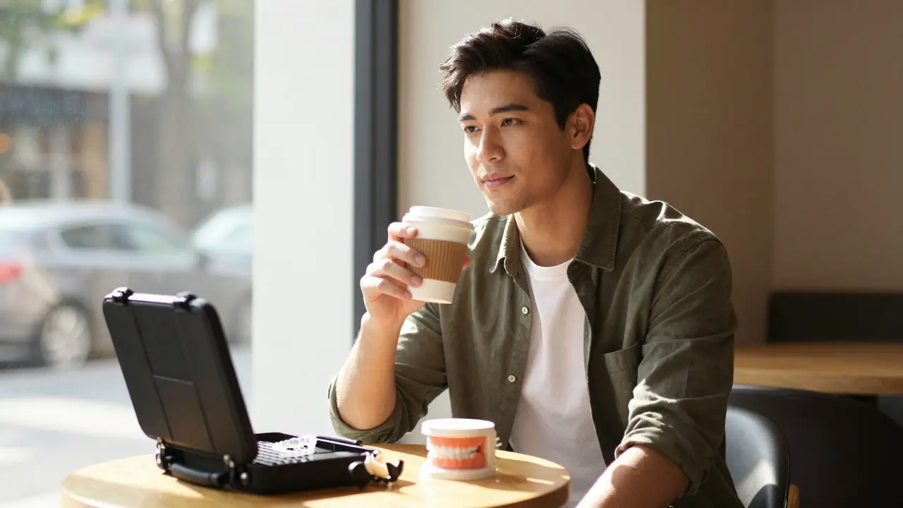 Muž v kavárně s kávou vedle pouzdra pro nošení rovnátek.