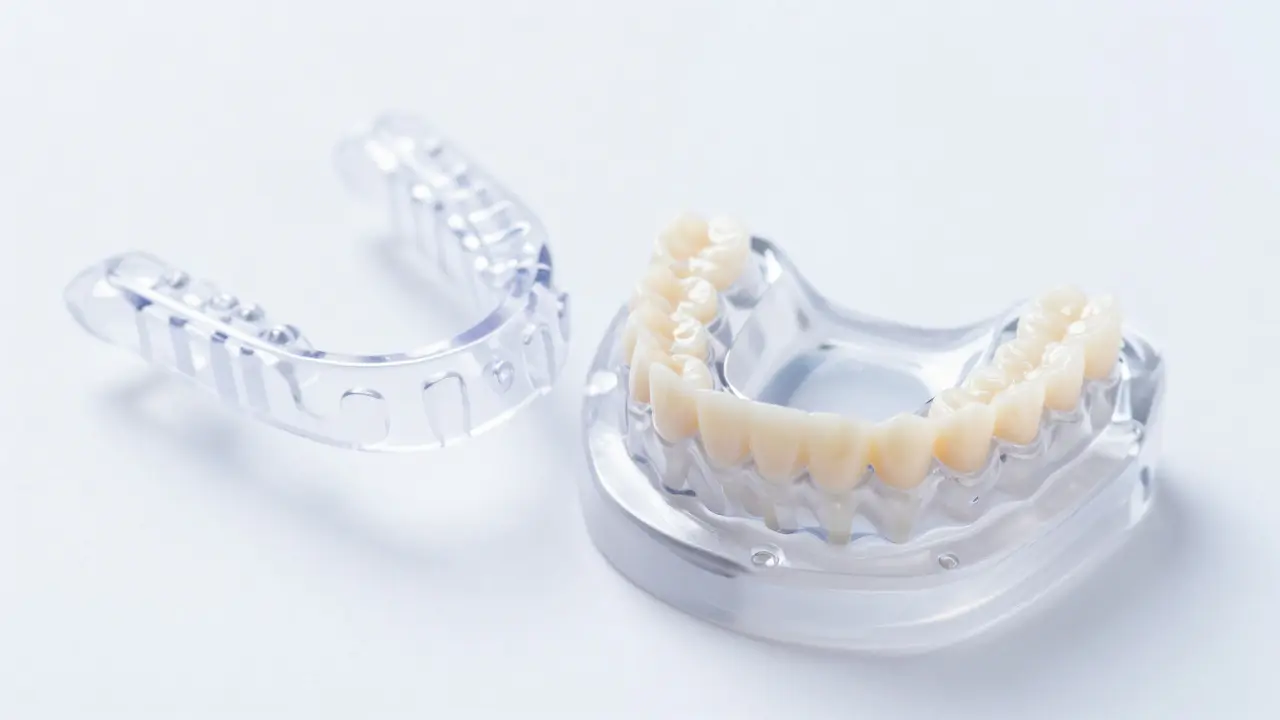 Noční chránič zubů vedle zdravé zubní řady