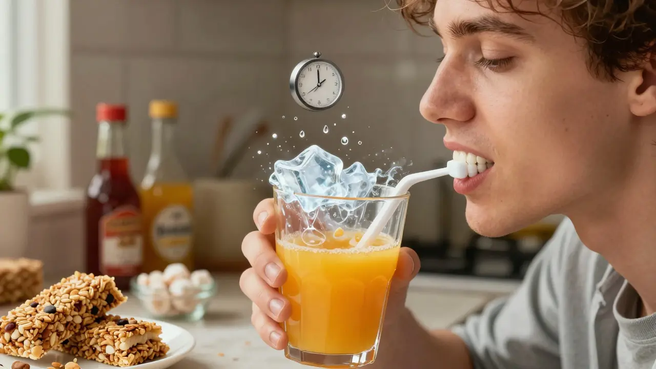 Osoba čistí zuby hned po pití pomerančového džusu, s grafickým znázorněním erózie.