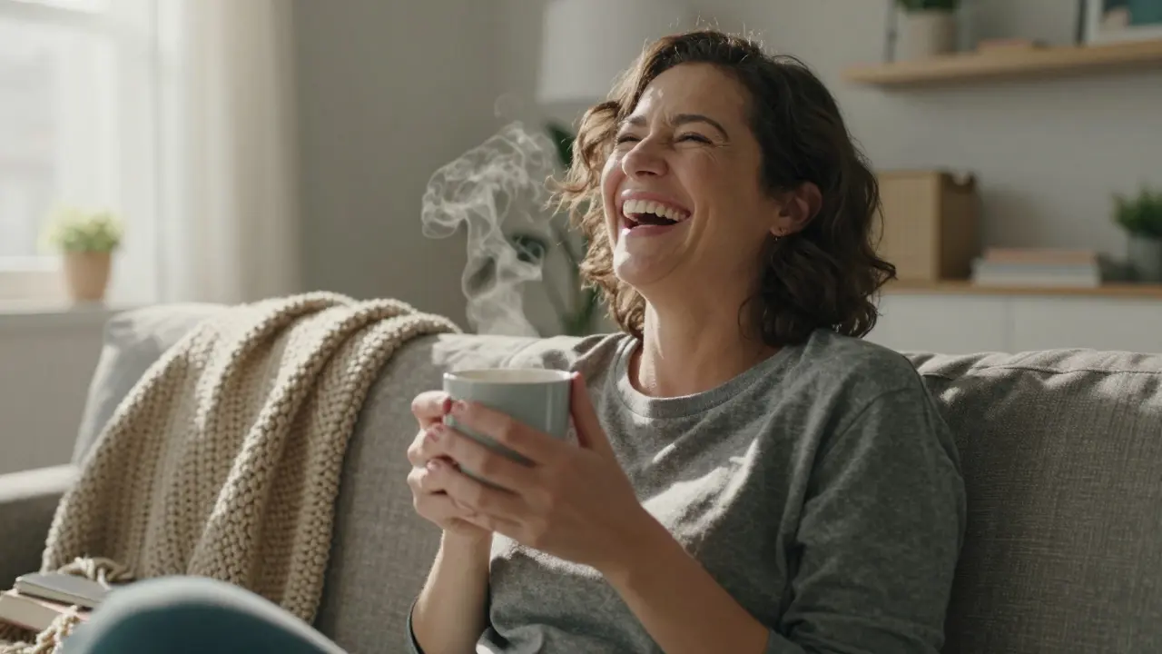 Pacient se volně směje v osvětleném bytě po dvou týdnech, drží kávu a vypadá přirozeně a spokojeně.