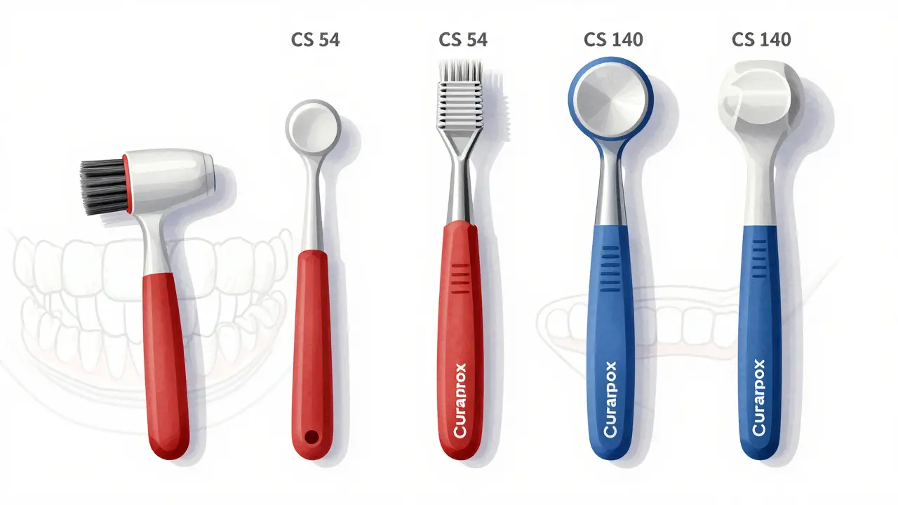 Pět modelů Curaprox s různými barvami rukojetí a počty štětin, uspořádaných podle intenzity čištění.