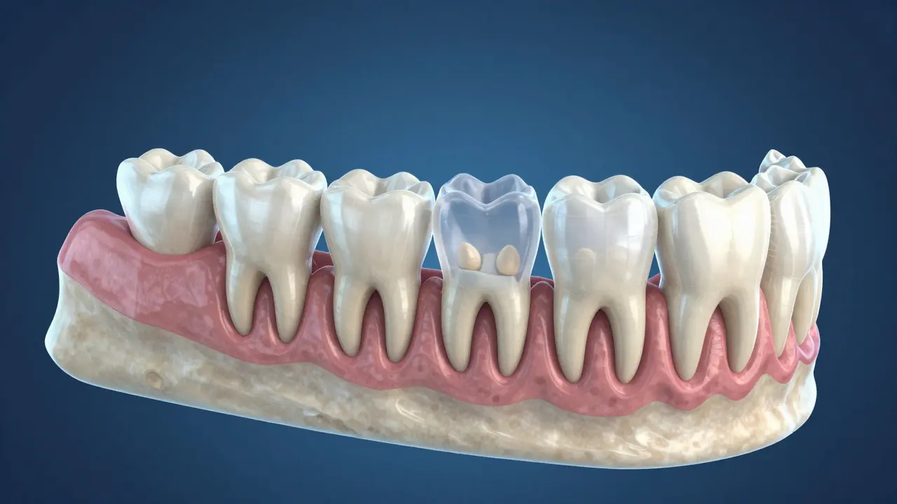 Přehled vývoje zubů v čelisti od mléčných po trvalé zuby, s průhlednými vrstvami ukazujícími vývoj zubních klíčků.