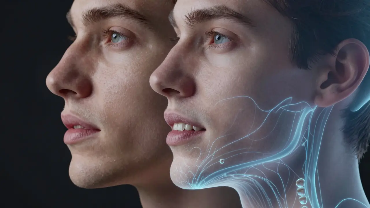 Profilový pohled na obličej, který přechází od původních zubů k novým fazetám.