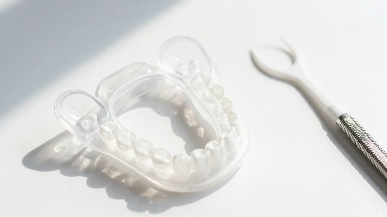 Průhledný ortodontický přístroj a nitka na bílém stole.