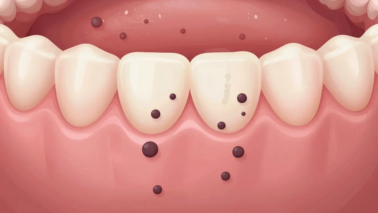 Průřez dásní ukazující zdravou tkáň a zubní kámen pod dásní, symbolizující hluboké čištění a obnovu.