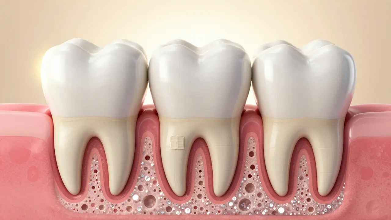 Průřez zubem s obnovou emailu a blokací nervových kanálků při bezbolestném bělení.