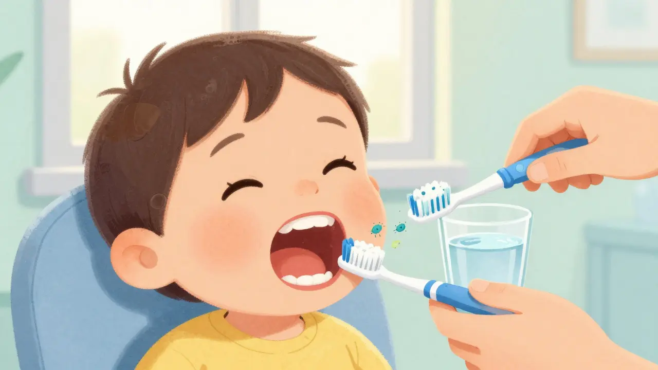 První mléčný zub dítěte s bakteriemi a rodičem, který čistí zuby, symbolizující důležitost rané péče.