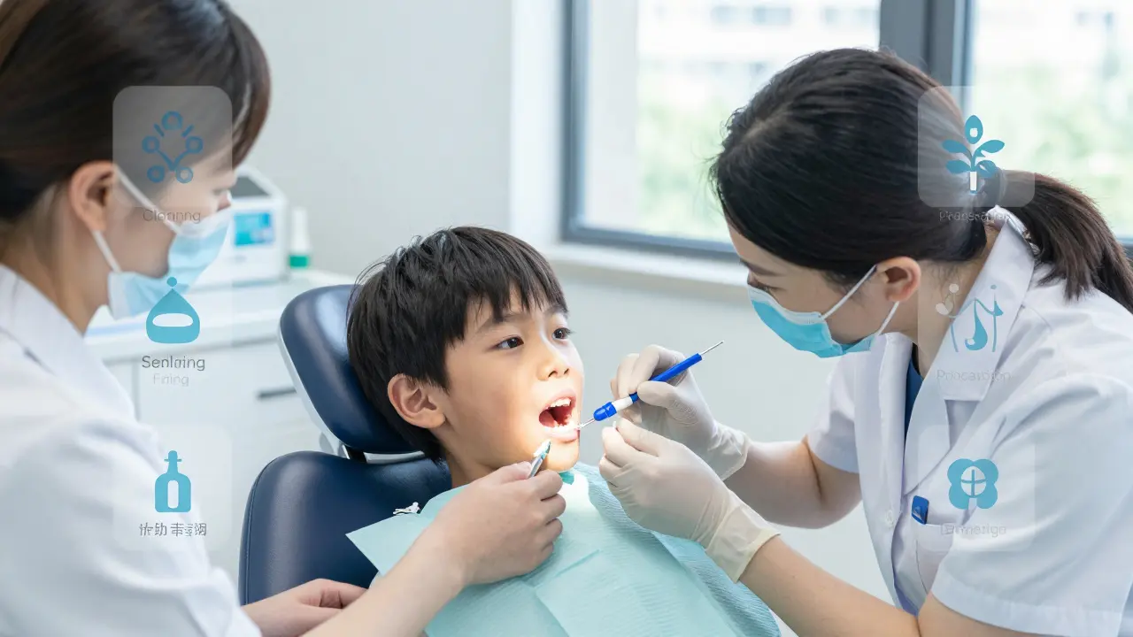 Rodina v zubní klinice: dítě dostává zubní těsnění, dospělý fluoridový lak, vše pod pokrytím VZP.